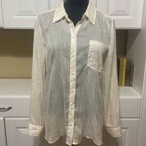 Chicos Sheer Top 2 Size Large 12 Womens Blouse Ivory Cream Roll Tab Long Sleeves